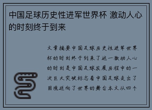 中国足球历史性进军世界杯 激动人心的时刻终于到来